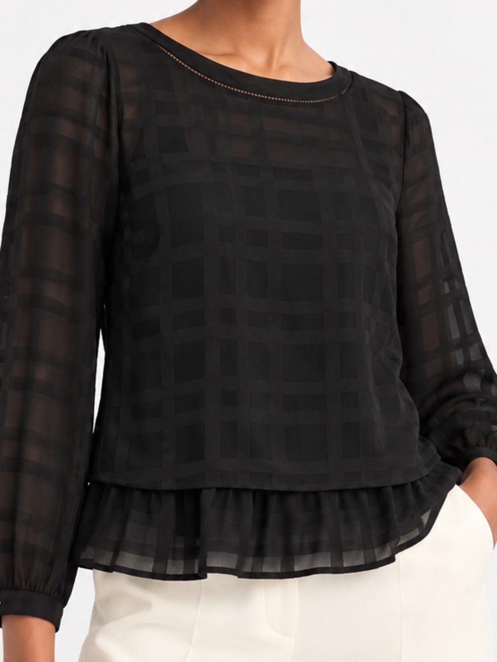 LOFT Sheer Chiffon Shadow Plaid Peplum Blouse Black Size M